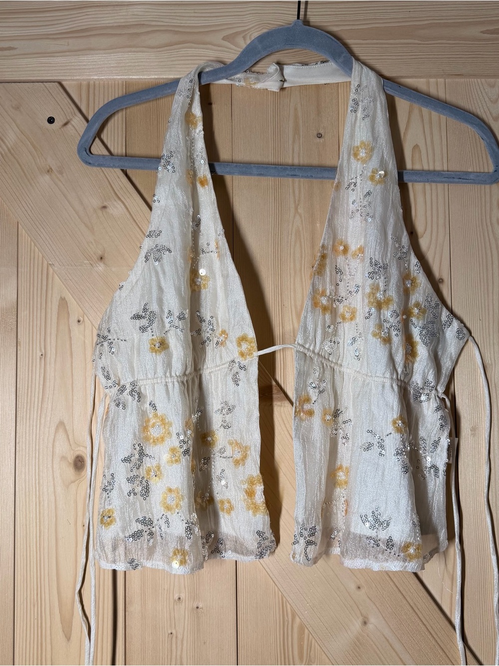 Women’s Cream Halter Floral Sequin Tie-Back Top
